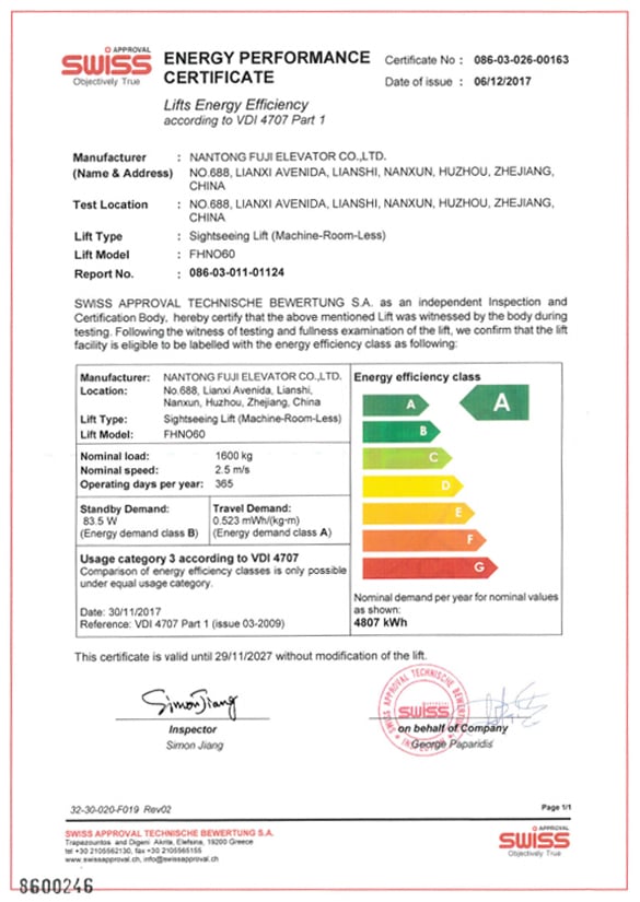 Energy Performance Certificate for Observation Elevator (Machine-Room-Less)